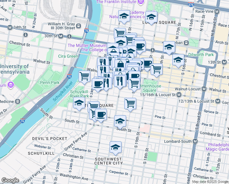 map of restaurants, bars, coffee shops, grocery stores, and more near 269 South Van Pelt Street in Philadelphia