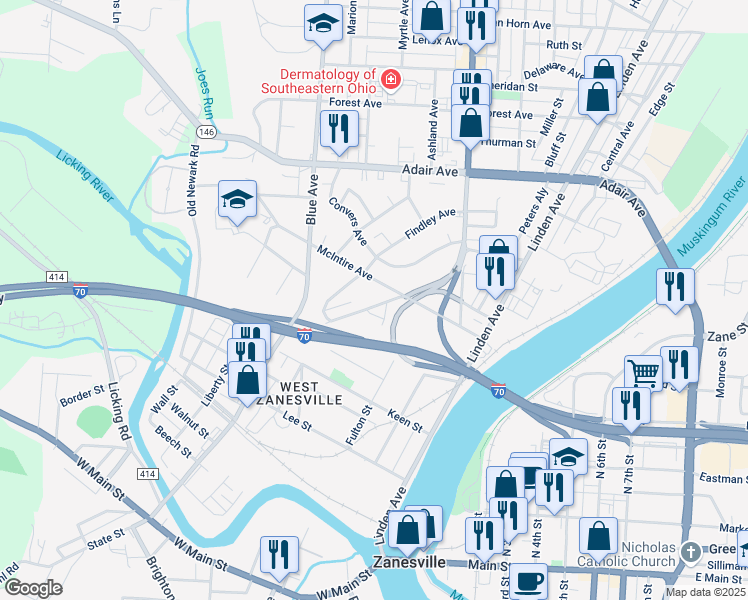 map of restaurants, bars, coffee shops, grocery stores, and more near 823 McIntire Avenue in Zanesville