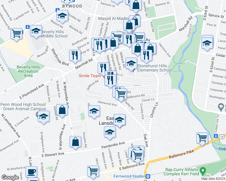 map of restaurants, bars, coffee shops, grocery stores, and more near 671 Long Lane in Upper Darby