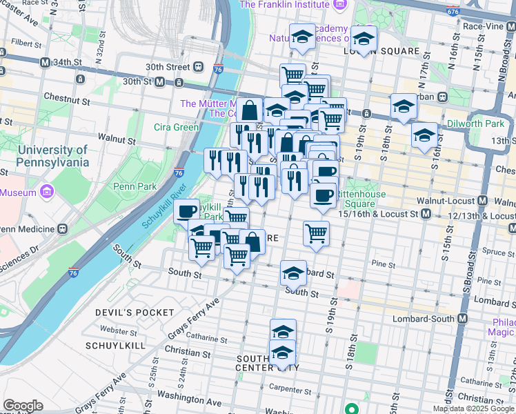 map of restaurants, bars, coffee shops, grocery stores, and more near 2214 Manning Street in Philadelphia