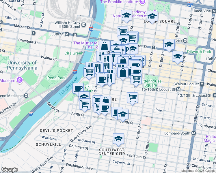 map of restaurants, bars, coffee shops, grocery stores, and more near 2214 Manning Street in Philadelphia