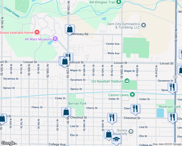 map of restaurants, bars, coffee shops, grocery stores, and more near 1518 North 15th Street in Quincy