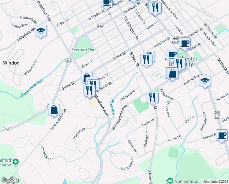 map of restaurants, bars, coffee shops, grocery stores, and more near 702 South Brandywine Street in West Chester
