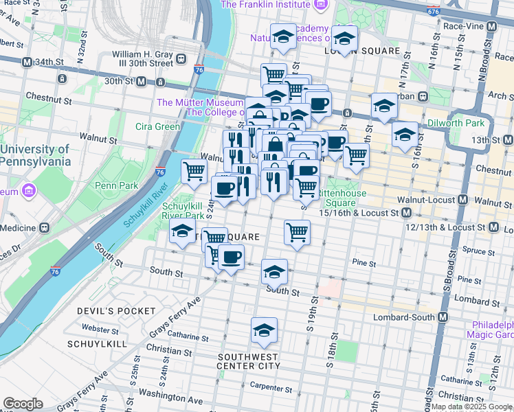 map of restaurants, bars, coffee shops, grocery stores, and more near 264 South Van Pelt Street in Philadelphia