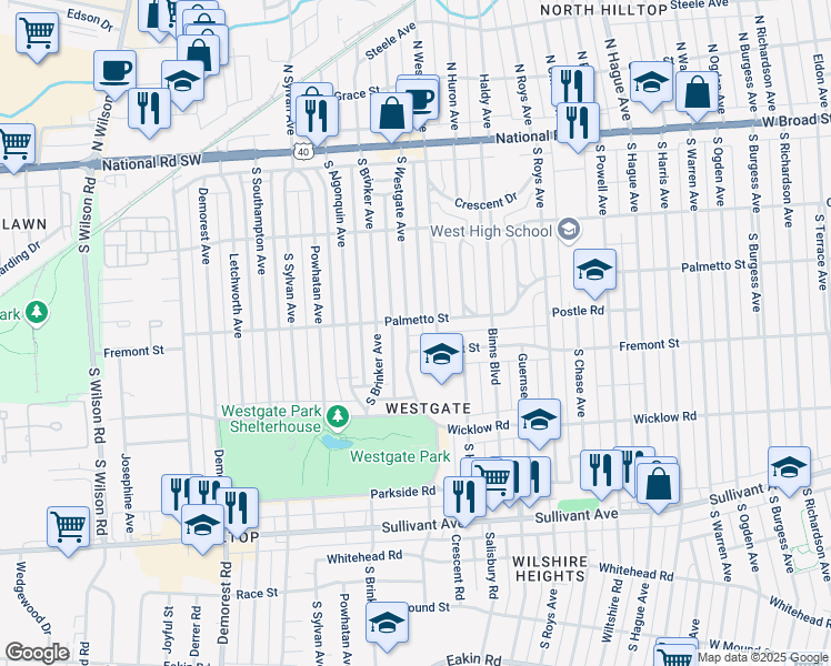 map of restaurants, bars, coffee shops, grocery stores, and more near 239 South Westmoor Avenue in Columbus