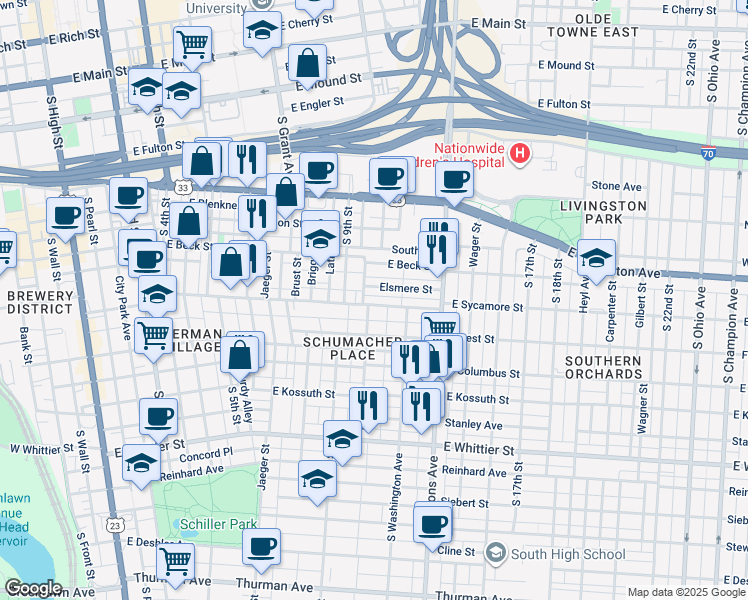 map of restaurants, bars, coffee shops, grocery stores, and more near 458 East Sycamore Street in Columbus