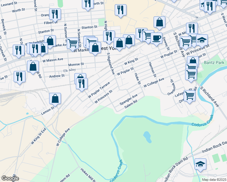 map of restaurants, bars, coffee shops, grocery stores, and more near 1484 West Princess Street in York