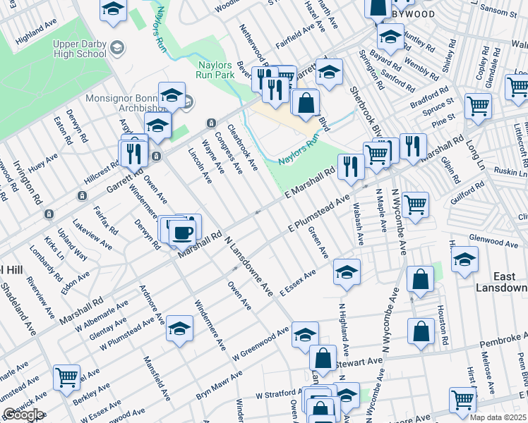 map of restaurants, bars, coffee shops, grocery stores, and more near 305 Congress Avenue in Lansdowne
