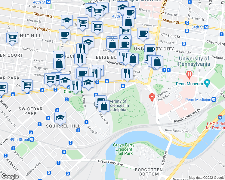 map of restaurants, bars, coffee shops, grocery stores, and more near 518 Woodland Terrace in Philadelphia