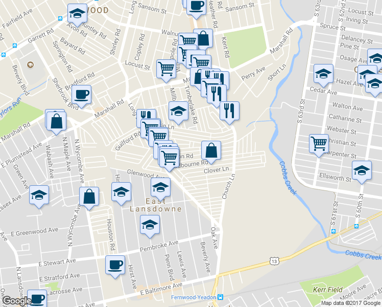 map of restaurants, bars, coffee shops, grocery stores, and more near 7023 Clinton Road in Upper Darby