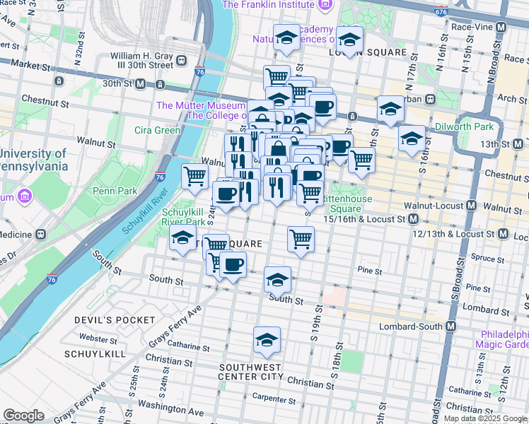 map of restaurants, bars, coffee shops, grocery stores, and more near 269 South Van Pelt Street in Philadelphia