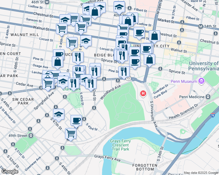 map of restaurants, bars, coffee shops, grocery stores, and more near 518 Woodland Terrace in Philadelphia