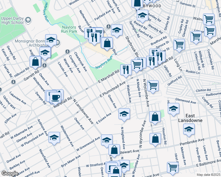 map of restaurants, bars, coffee shops, grocery stores, and more near 85 East Plumstead Avenue in Lansdowne