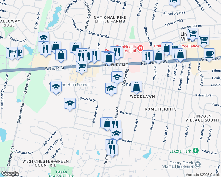 map of restaurants, bars, coffee shops, grocery stores, and more near 117 Norton Road in Columbus