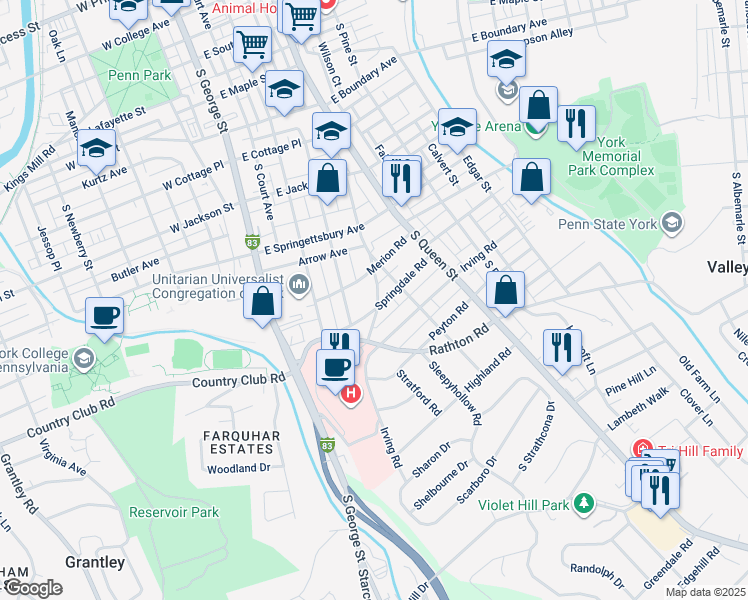 map of restaurants, bars, coffee shops, grocery stores, and more near 990 Newlin Road in York