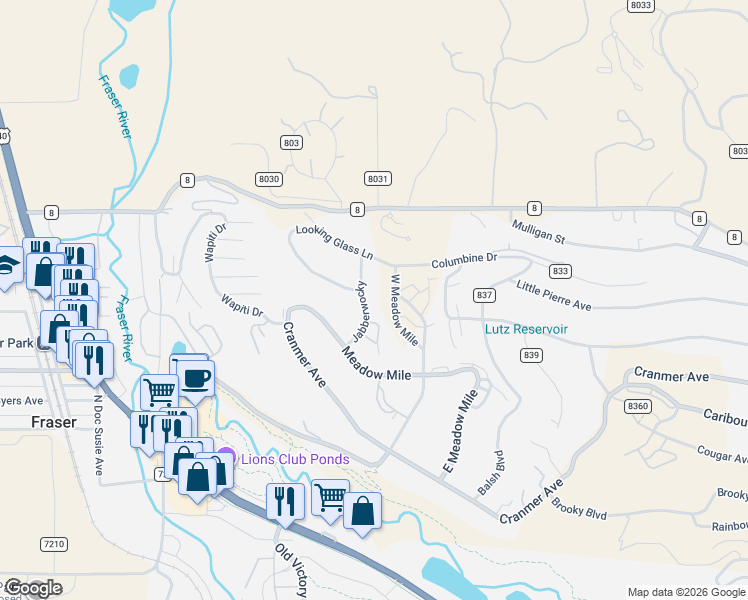 map of restaurants, bars, coffee shops, grocery stores, and more near 64 Jabberwocky in Fraser