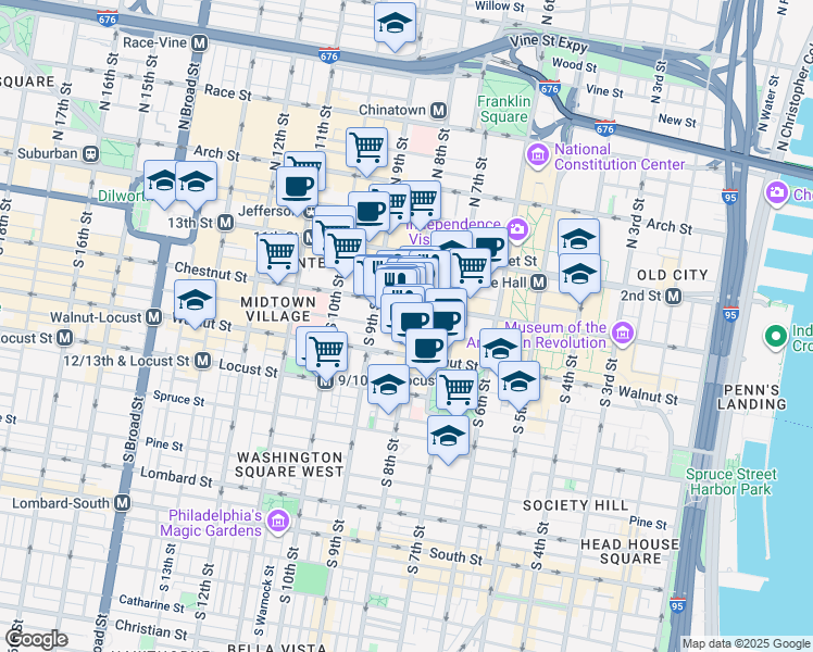map of restaurants, bars, coffee shops, grocery stores, and more near 812 Chestnut Street in Philadelphia