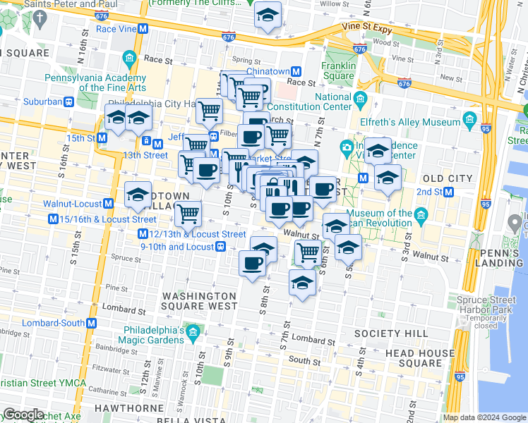 map of restaurants, bars, coffee shops, grocery stores, and more near 812 Chestnut Street in Philadelphia