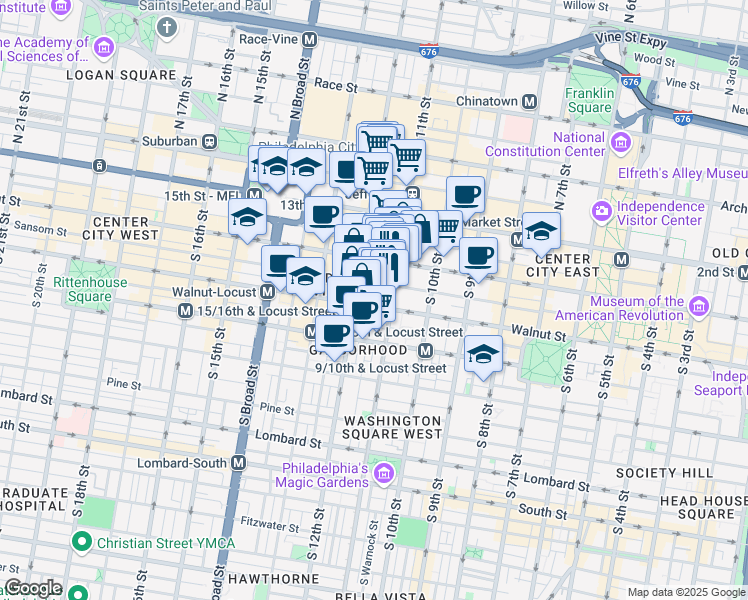 map of restaurants, bars, coffee shops, grocery stores, and more near 111 South 11th Street in Philadelphia