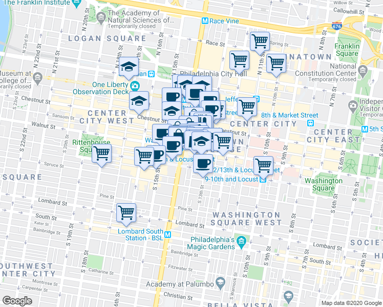 map of restaurants, bars, coffee shops, grocery stores, and more near 1325 Walnut Street in Philadelphia