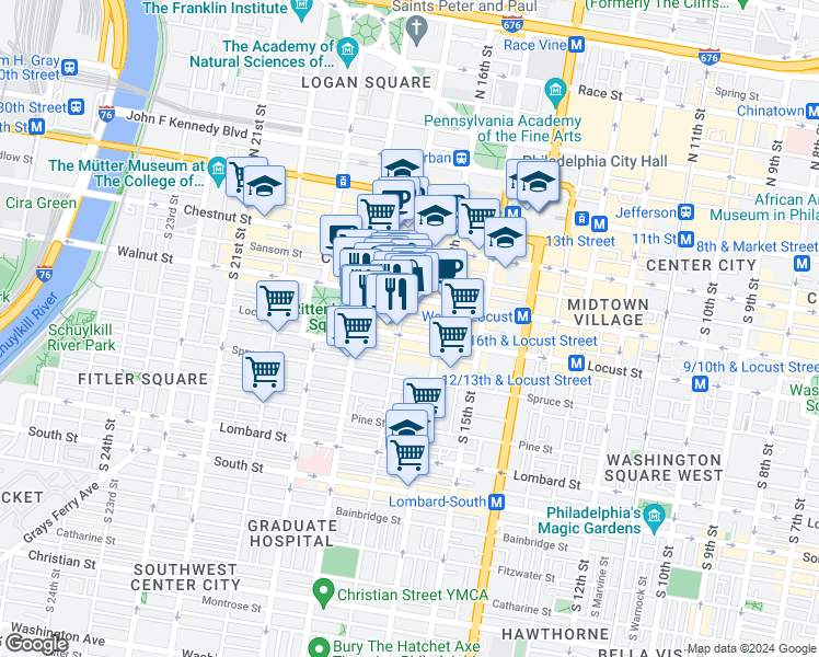 map of restaurants, bars, coffee shops, grocery stores, and more near 1705 Chancellor Street in Philadelphia