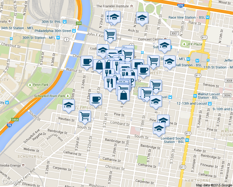 map of restaurants, bars, coffee shops, grocery stores, and more near 259 South 21st Street in Philadelphia