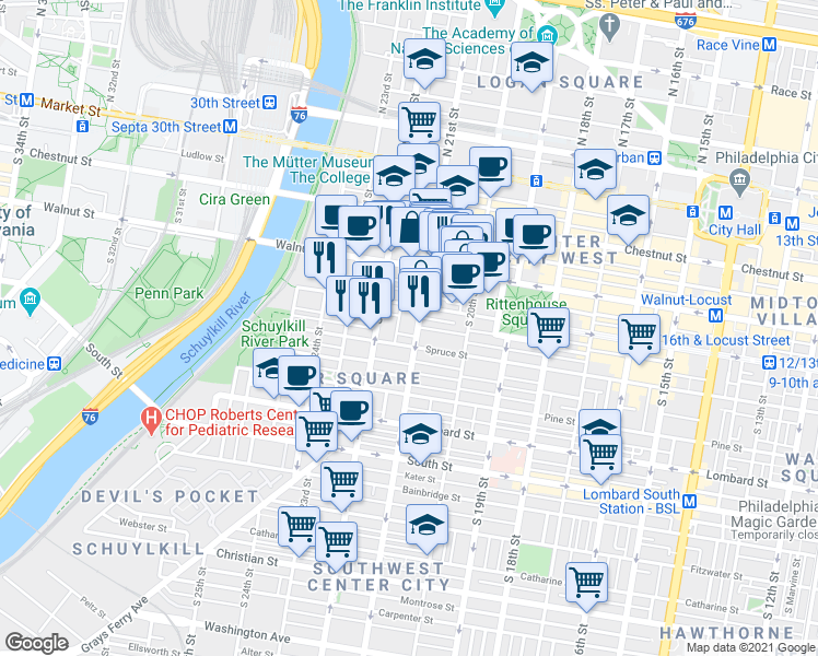 map of restaurants, bars, coffee shops, grocery stores, and more near 2122 Locust Street in Philadelphia