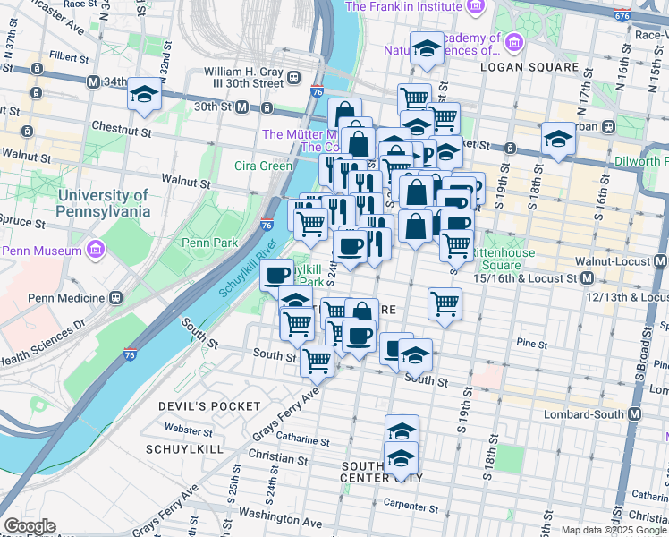 map of restaurants, bars, coffee shops, grocery stores, and more near in Philadelphia
