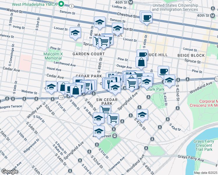 map of restaurants, bars, coffee shops, grocery stores, and more near 4711 Cedar Avenue in Philadelphia