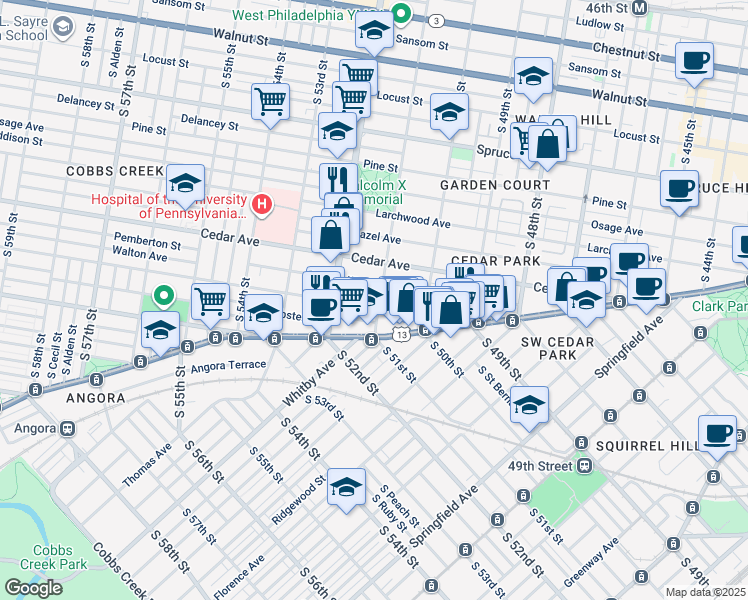 map of restaurants, bars, coffee shops, grocery stores, and more near 5051 Walton Avenue in Philadelphia