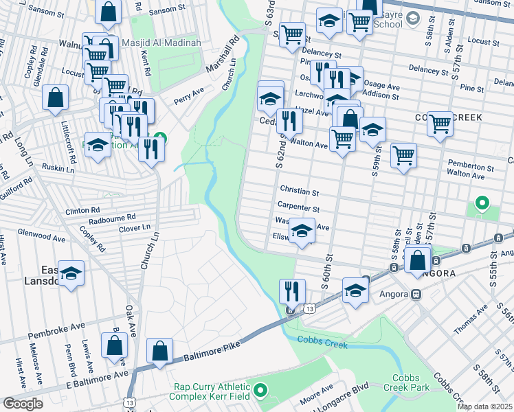 map of restaurants, bars, coffee shops, grocery stores, and more near 6235 Carpenter Street in Philadelphia
