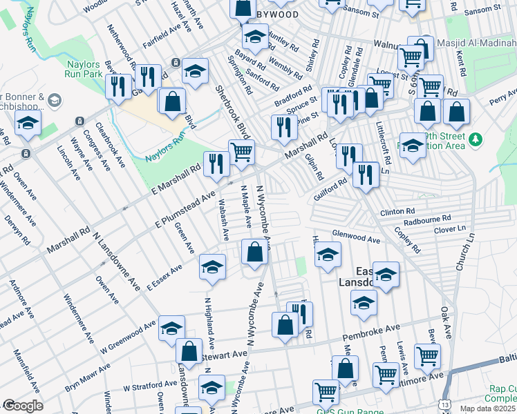 map of restaurants, bars, coffee shops, grocery stores, and more near 297 North Maple Avenue in Lansdowne