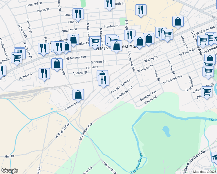 map of restaurants, bars, coffee shops, grocery stores, and more near 1569 West King Street in West York