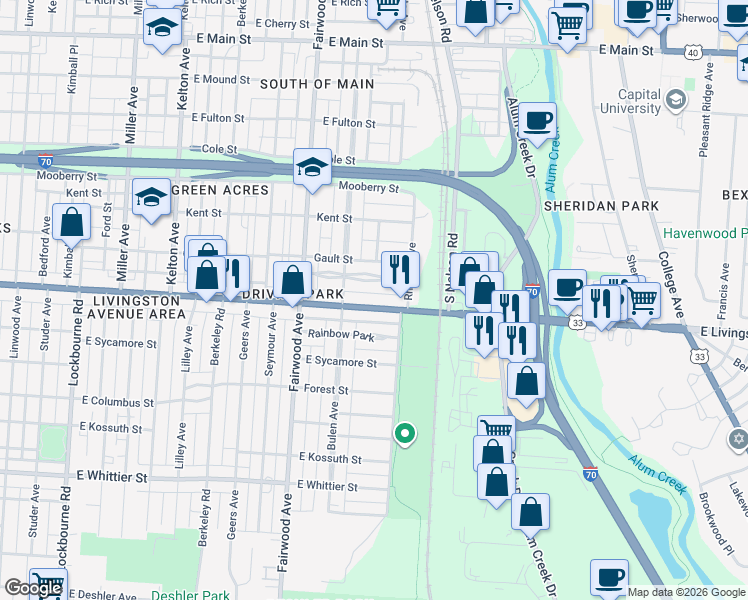 map of restaurants, bars, coffee shops, grocery stores, and more near 1781 Bide A Wee Park Avenue in Columbus