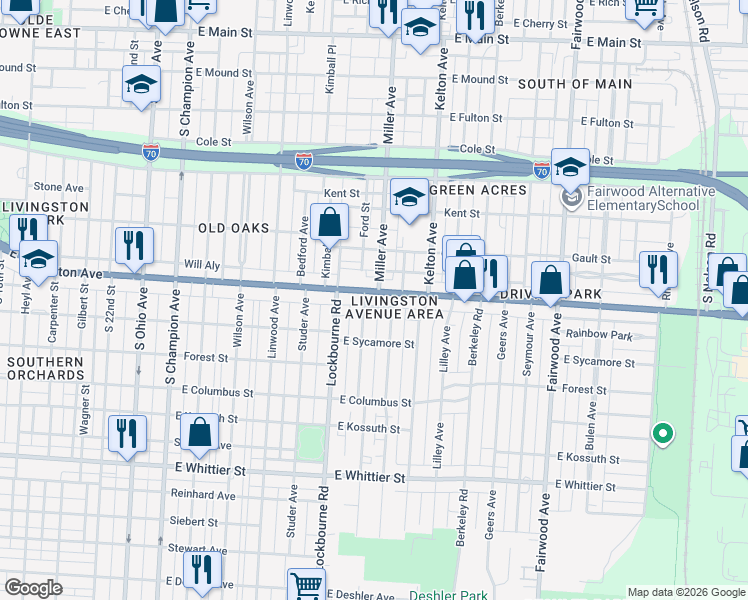 map of restaurants, bars, coffee shops, grocery stores, and more near in Columbus
