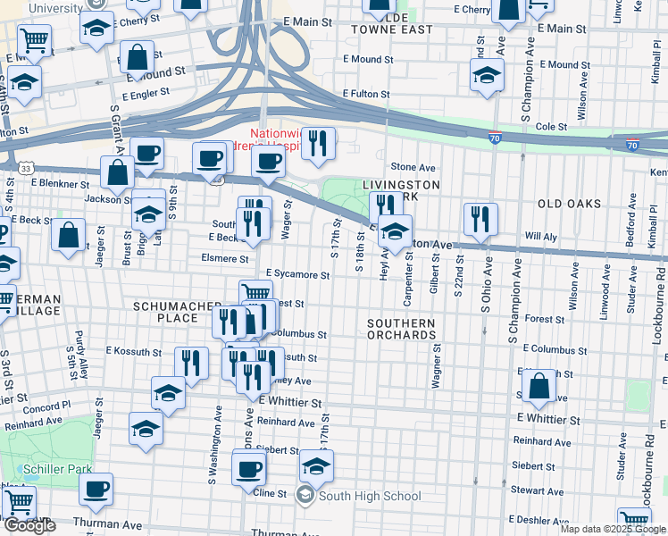 map of restaurants, bars, coffee shops, grocery stores, and more near 720 South 17th Street in Columbus