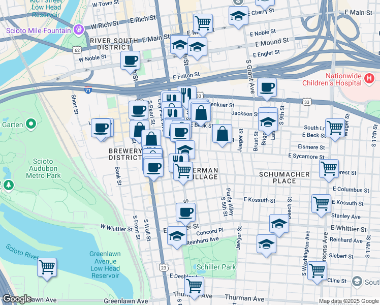map of restaurants, bars, coffee shops, grocery stores, and more near 630 South 3rd Street in Columbus