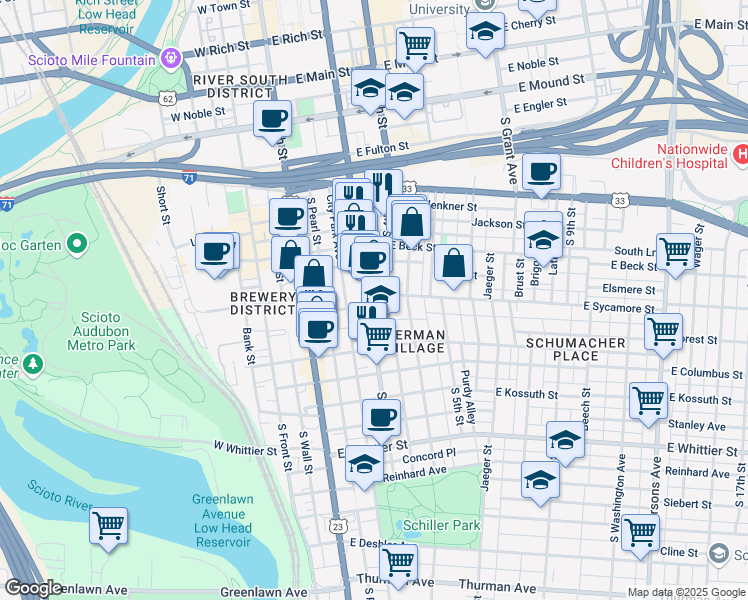 map of restaurants, bars, coffee shops, grocery stores, and more near 630 South 3rd Street in Columbus