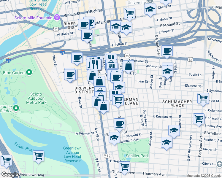 map of restaurants, bars, coffee shops, grocery stores, and more near 600 South Pearl Street in Columbus
