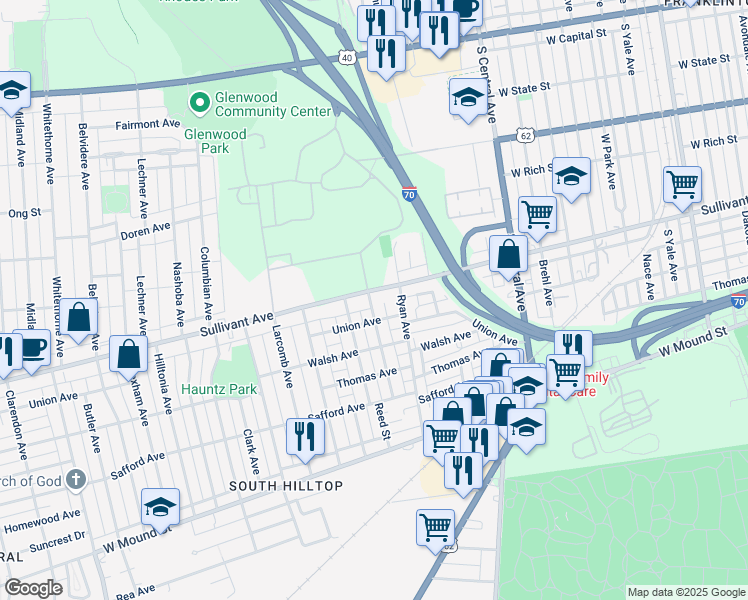 map of restaurants, bars, coffee shops, grocery stores, and more near in Columbus