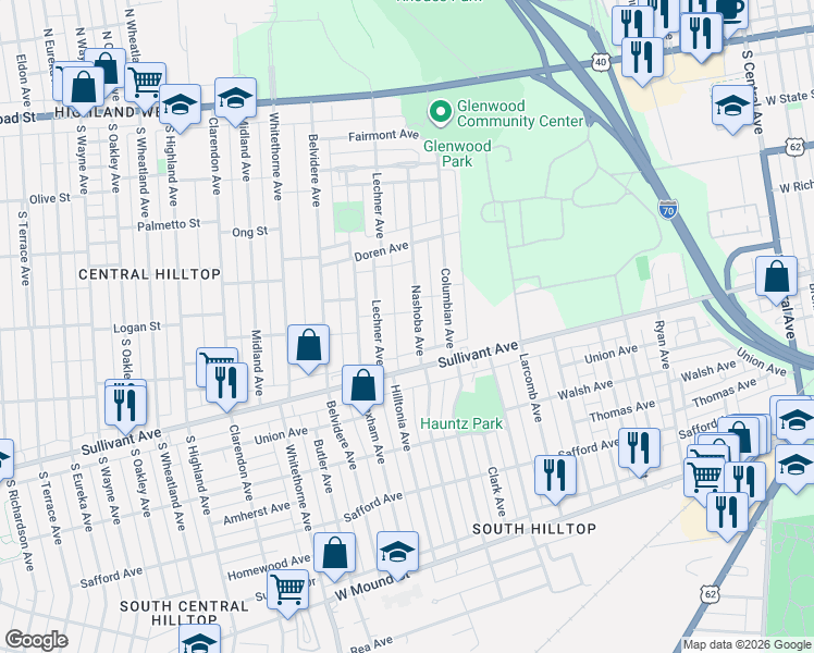 map of restaurants, bars, coffee shops, grocery stores, and more near 312 Lechner Avenue in Columbus