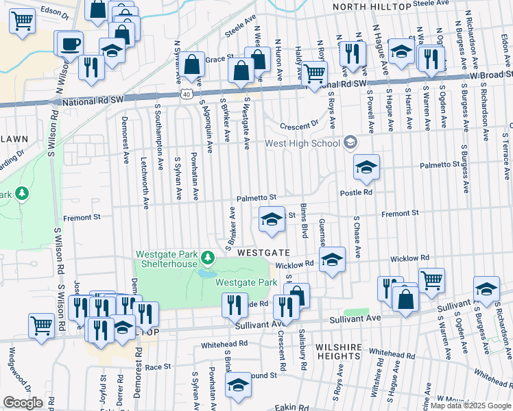map of restaurants, bars, coffee shops, grocery stores, and more near 239 South Westmoor Avenue in Columbus