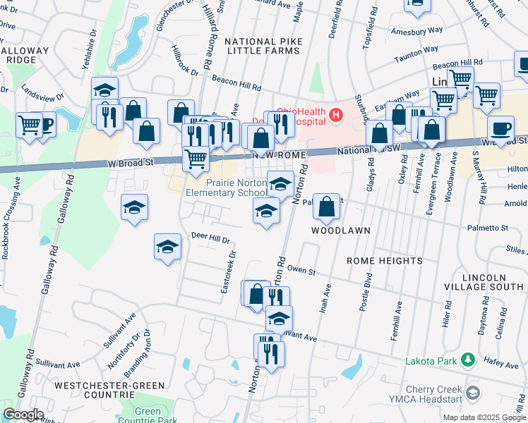 map of restaurants, bars, coffee shops, grocery stores, and more near 105 Norton Road in Columbus