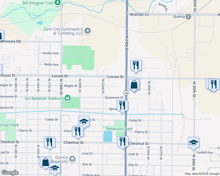 map of restaurants, bars, coffee shops, grocery stores, and more near 2221 Maple Street in Quincy