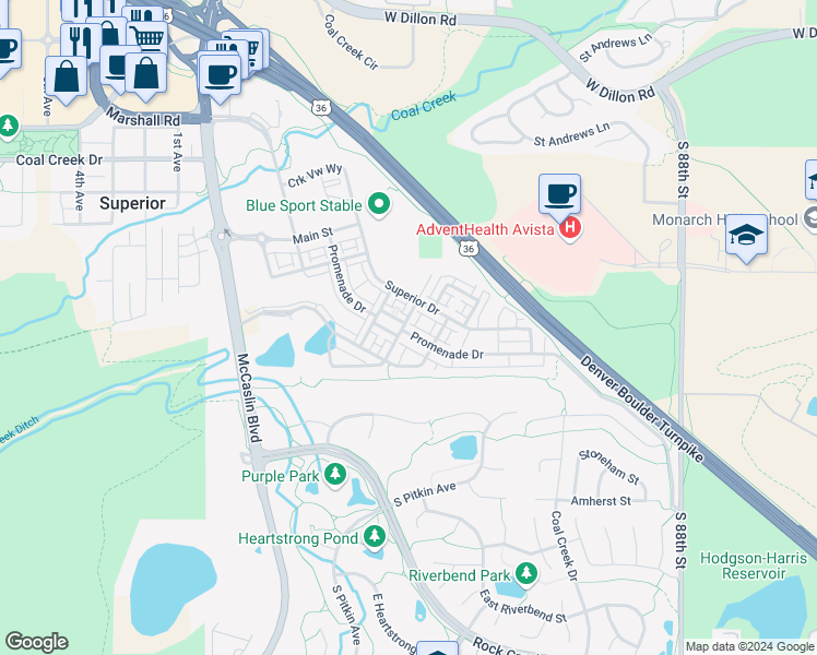 map of restaurants, bars, coffee shops, grocery stores, and more near 701 Promenade Drive in Superior