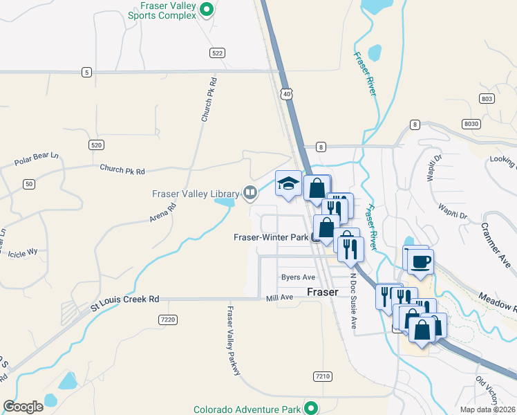 map of restaurants, bars, coffee shops, grocery stores, and more near 421 Norgren Rd in Fraser
