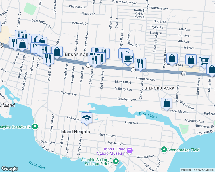 map of restaurants, bars, coffee shops, grocery stores, and more near 230 Morris Boulevard in Toms River