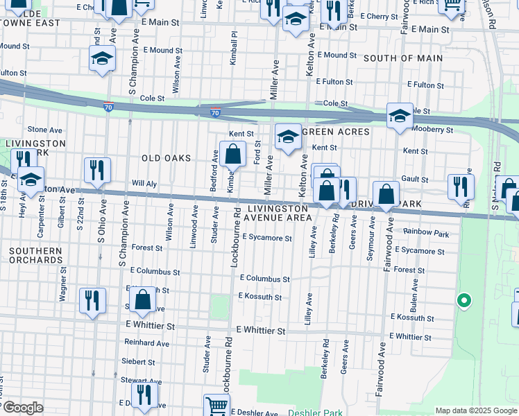 map of restaurants, bars, coffee shops, grocery stores, and more near in Columbus