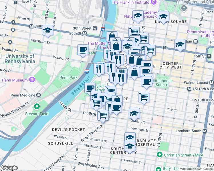 map of restaurants, bars, coffee shops, grocery stores, and more near 2403 Spruce Street in Philadelphia
