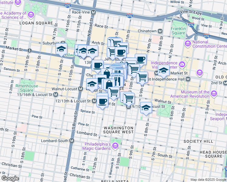 map of restaurants, bars, coffee shops, grocery stores, and more near 001S190167 in Philadelphia